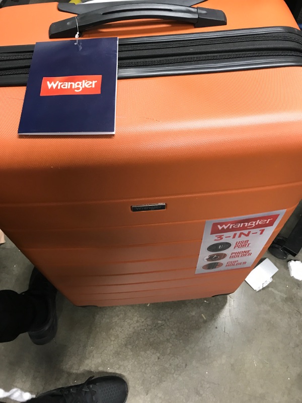 Photo 2 of *** Damage to both smaller bags and a scratch on the bigger bag in the back *** Wrangler Smart Luggage Set with Cup Holder and USB Port, Burnt Orange, 3 Piece 3 Piece Set Burnt Orange