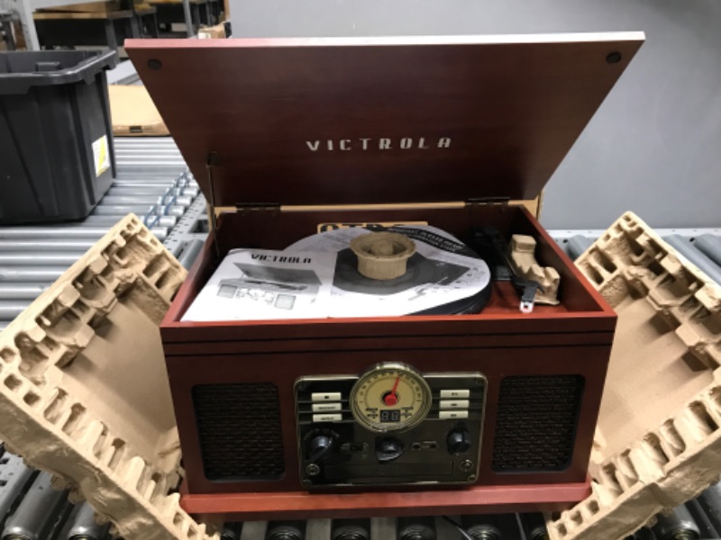 Photo 2 of Victrola Nostalgic 6-in-1 Bluetooth Record Player & Multimedia Center with Built-in Speakers - 3-Speed Turntable, CD & Cassette Player, FM Radio | Wireless Music Streaming | Mahogany Mahogany Entertainment Center