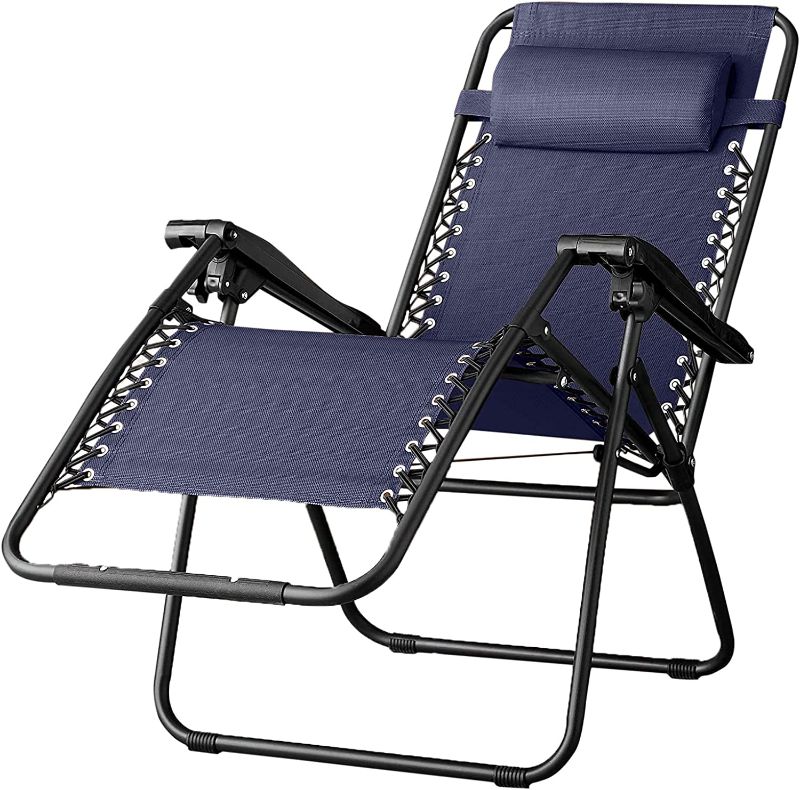 Photo 1 of Amazon Basics Outdoor Textilene Adjustable Zero Gravity Folding Reclining Lounge Chair with Pillow, Navy Blue
