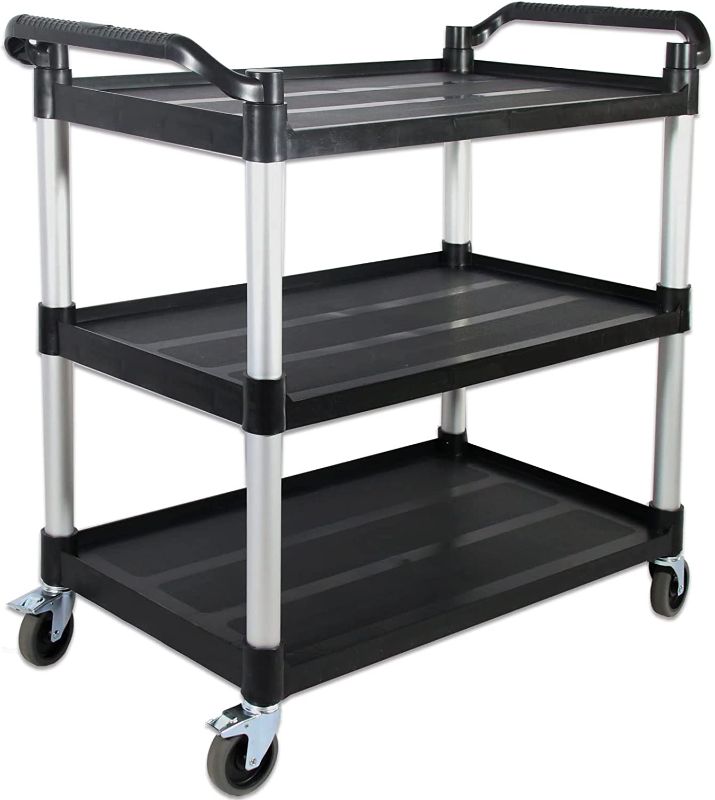 Photo 1 of Abacad Plastic Commercial Cart Large Size, Restaurant Cart with Wheels Lockable, Heavy Duty Utility Service Cart for Foodservice, Commercial,Office, Warehouse, Black, 40.15X 19.29x 38.97 inches.
