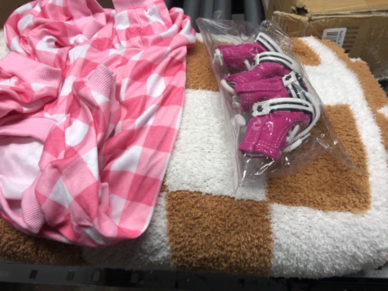 Photo 1 of 3  DOG ITEMS: WHITE/PINK XL OUTFIT , PINK SIZSE 4 DOG SHOES, AND BROWN/WHITE CHECKERD BLANKET
