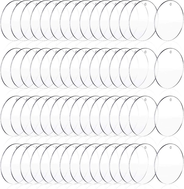 Photo 1 of 60 Pieces 3 Inch Acrylic Blanks Ornament Round Acrylic Keychain Blanks Clear Ornaments Clear Discs for Crafts (Circle with Hole, 60 Pieces)