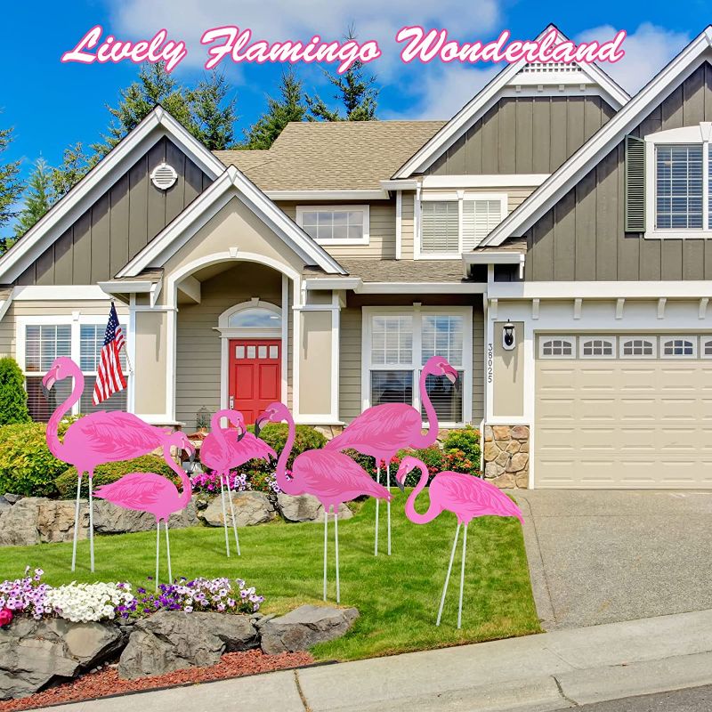 Photo 7 of 8 Pieces Pink Flamingo Yard Decorations Flamingo Decor Flamingo Yard Ornament Flamingo Signs with Plastic Feet Stakes Tropical Flamingo Garden Yard Outdoor Lawn Decor for Outdoor Party Sidewalks