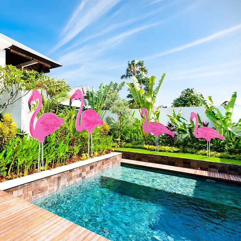 Photo 5 of 8 Pieces Pink Flamingo Yard Decorations Flamingo Decor Flamingo Yard Ornament Flamingo Signs with Plastic Feet Stakes Tropical Flamingo Garden Yard Outdoor Lawn Decor for Outdoor Party Sidewalks