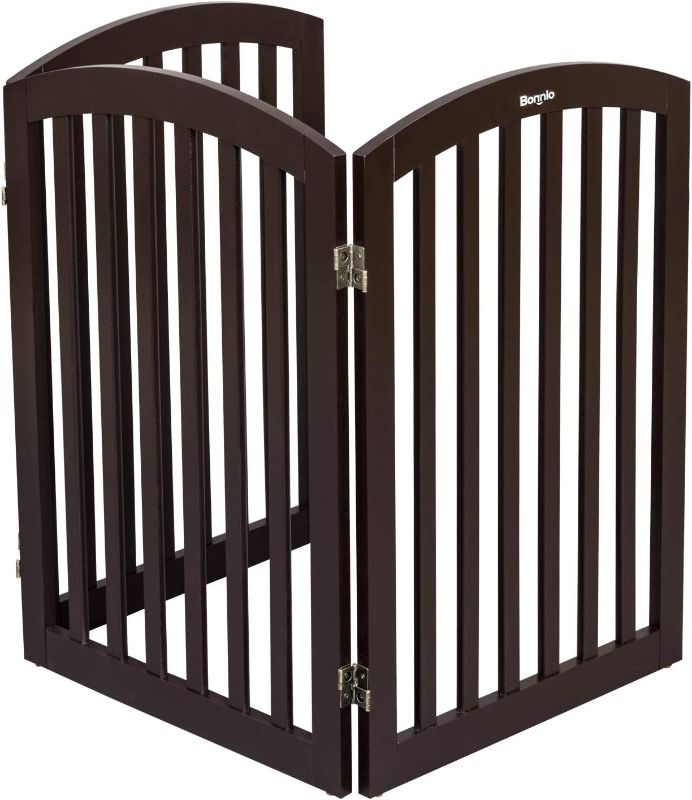 Photo 8 of 3-Panel Wooden Free Standing Pet Gate for Dogs, 30'' Tall Dog Gates for The House, Doorways & Stairs, Dog Fences Indoor Puppy Gate with 3 Foot Supporters, Up to 61” Wide, Espresso