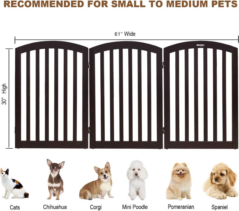 Photo 2 of 3-Panel Wooden Free Standing Pet Gate for Dogs, 30'' Tall Dog Gates for The House, Doorways & Stairs, Dog Fences Indoor Puppy Gate with 3 Foot Supporters, Up to 61” Wide, Espresso