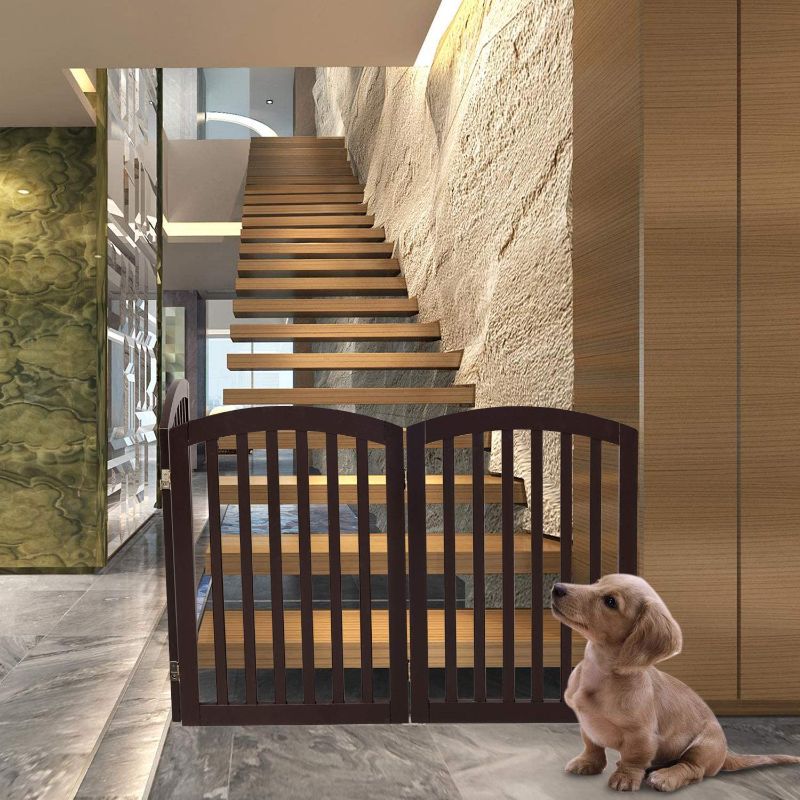 Photo 5 of 3-Panel Wooden Free Standing Pet Gate for Dogs, 30'' Tall Dog Gates for The House, Doorways & Stairs, Dog Fences Indoor Puppy Gate with 3 Foot Supporters, Up to 61” Wide, Espresso