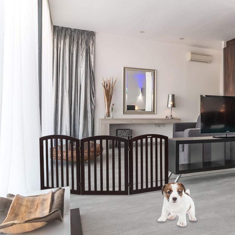 Photo 1 of 3-Panel Wooden Free Standing Pet Gate for Dogs, 30'' Tall Dog Gates for The House, Doorways & Stairs, Dog Fences Indoor Puppy Gate with 3 Foot Supporters, Up to 61” Wide, Espresso