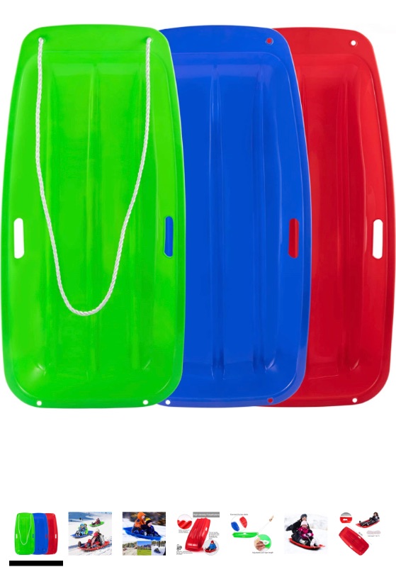 Photo 1 of 3-Pack Plastic Snow Sled for Kids & Adults 35" x 17" - Flexible Toboggan Sleds with Pull Rope & Two Handles for up to 2 Sledders Winter Snow Sledding Downhill Outdoor (Green, Blue & Red)