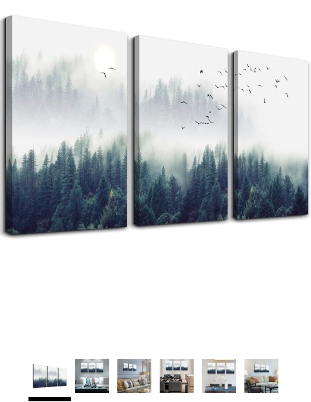 Photo 1 of 3 Piece Canvas Wall Art for Living Room- wall Decorations for Bedroom Foggy forest Trees Landscape painting- Modern Home Decor Stretched and Framed Ready to Hang pictures- 12"x16"x3 Panels wall decor