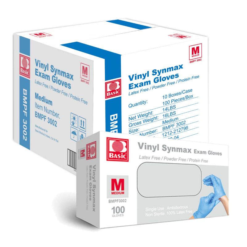 Photo 1 of Basic Medical Synmax Vinyl Exam Gloves - Latex-Free & Powder-Free - Medium, BMPF-3002(Case of 1,000)
