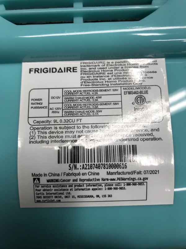 Photo 3 of Frigidaire EFMIS175-BLUE Portable Mini Fridge-Retro Extra Large 9-Can Travel Compact Refrigerator, Blue
NEEDS REPAIR
