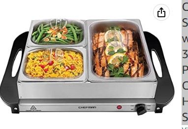 Photo 1 of Chefman Electric Buffet Server + Warming Tray w/Adjustable Temperature & 3 Chafing Dishes, Hot Plate Perfect for Holidays, Catering, Parties, Events & Home Dinners, 14" x 14" Surface, Stainless Steel
NEEDS REPAIR