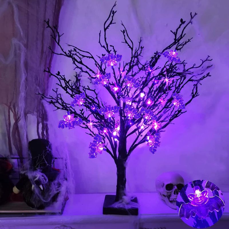 Photo 1 of [2 Ft & Timer] Pre-lit Halloween Tabletop Tree Decor, Black Spooky Tree with 25 Bats & 24 LED Purple Lights Battery Powered Scary Halloween Decorations Indoor Home Holiday Party Table
