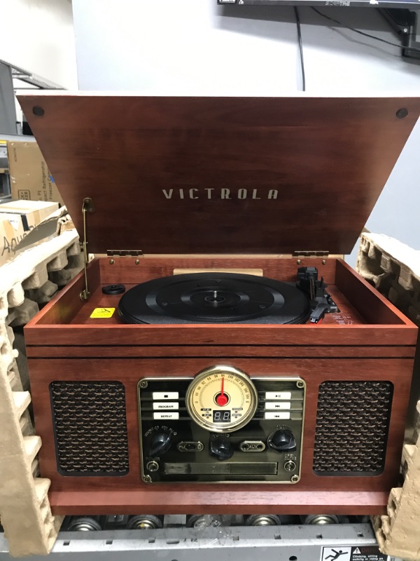 Photo 2 of Victrola Nostalgic 6-in-1 Bluetooth Record Player & Multimedia Center with Built-in Speakers - 3-Speed Turntable, CD & Cassette Player, FM Radio | Wireless Music Streaming | Mahogany Mahogany Entertainment Center