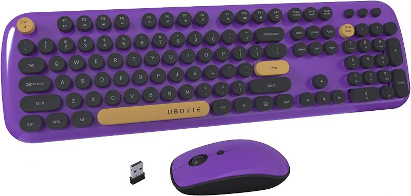 Photo 1 of Colorful Wireless Computer Keyboards Mouse Combo, UBOTIE Polychrome Round Keycaps Retro PC Keyboards 2.4GHz Radio Frequency Connection with Optical Mouse (Purple-Black)