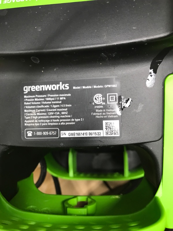 Photo 3 of ***TESTED**POWERED ON***Greenworks 1600 PSI 1.2 GPM Pressure Washer (Upright Hand-Carry) PWMA Certified