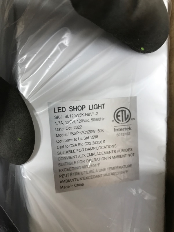 Photo 3 of ***TESTED**POWERED ON***hykolity 4FT 120W LED Shop Light Linkable, 13000lm(400w Equivalent), 5000K Utility Shop Lights for Garages, Workshops, Basements, Hanging or FlushMount, with Power Cord and Pull Chain, ETL, 2 Pack 120W White