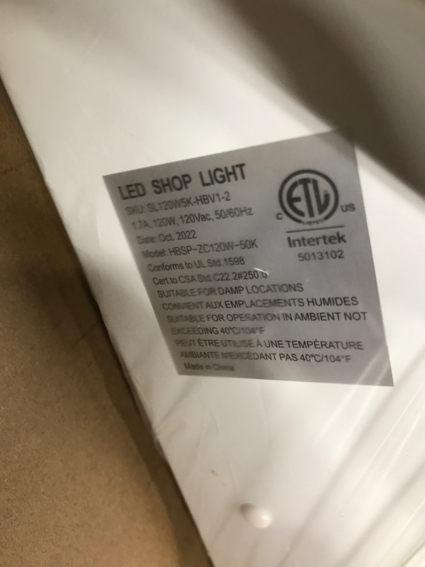 Photo 4 of ***TESTED**POWERED ON***hykolity 4FT 120W LED Shop Light Linkable, 13000lm(400w Equivalent), 5000K Utility Shop Lights for Garages, Workshops, Basements, Hanging or FlushMount, with Power Cord and Pull Chain, ETL, 2 Pack 120W White