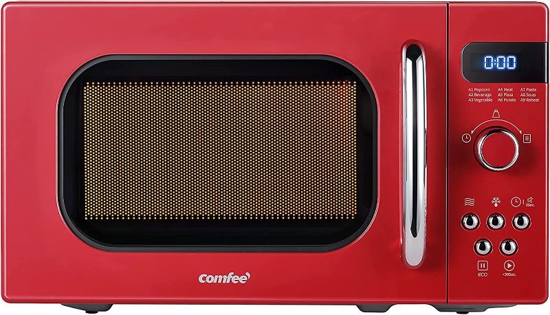 Photo 1 of ***tested**powered on***COMFEE' Retro Small Microwave Oven With Compact Size, 9 Preset Menus, Position-Memory Turntable, Mute Function, Countertop Microwave Perfect For Small Spaces, 0.7 Cu Ft/700W, Red, AM720C2RA-A