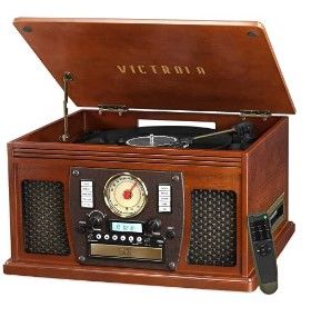 Photo 1 of Victrola Navigator 8-in-1 Classic Bluetooth Record Player with USB Encoding and 3-Speed Turntable Bundle with Victrola Wooden Stand for Wooden Music Centers with Record Holder Shelf, Mahogany