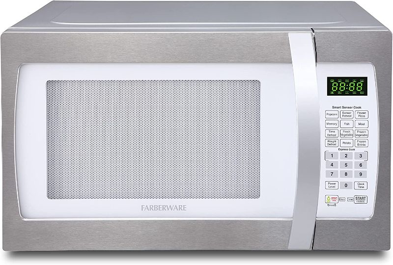 Photo 1 of Farberware Countertop Microwave Oven 1.3 Cu. Ft. 1100-Watt with Smart Sensor Cooking, ECO Mode and Green LED Lighting, Child Lock, Easy Clean Black Interior, Retro White and Platinum
