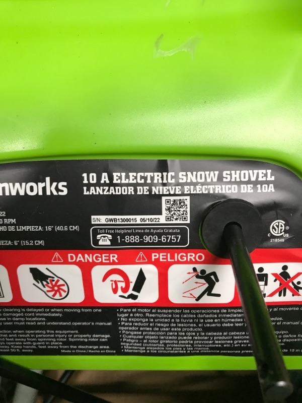 Photo 2 of *USED*Greenworks 10 Amp Corded Snow Thrower, Green