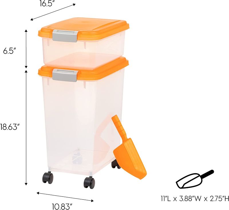 Photo 1 of *Minor Damage-See Last Photo* IRIS USA 3-Piece 35 Lbs / 45 Qt WeatherPro Airtight Pet Food Storage Container Combo with Scoop and Treat Box for Dog Cat and Bird Food, Keep Pests Out, Translucent Body, Easy Mobility, Orange
