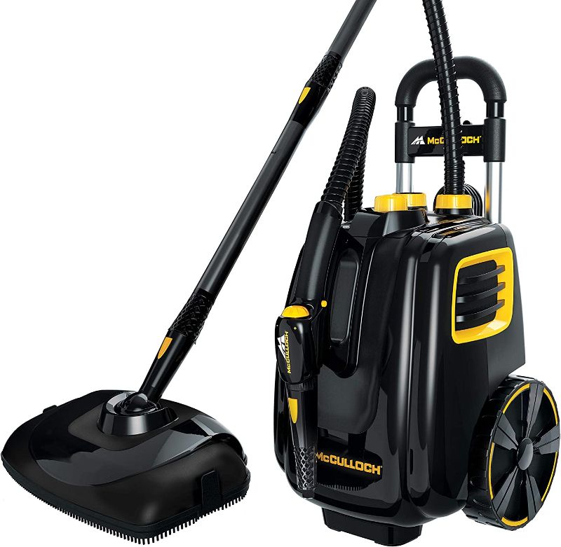 Photo 1 of *Did Not Power On when Plugged in* McCulloch MC1385 Deluxe Canister Steam Cleaner with 23 Accessories, Chemical-Free Pressurized Cleaning for Most Floors, Counters, Appliances, Windows, Autos, and More, 1-(Pack), Black
