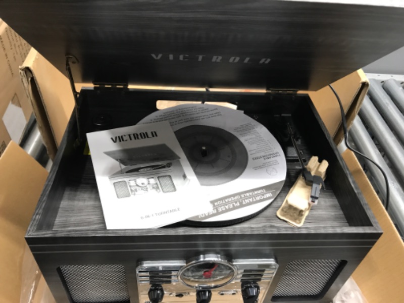 Photo 3 of Nonfunctional-Victrola Nostalgic 6-in-1 Bluetooth Record Player & Multimedia Center with Built-in Speakers - 3-Speed Turntable, CD & Cassette Player, AM/FM Radio | Wireless Music Streaming | Grey Grey Entertainment Center