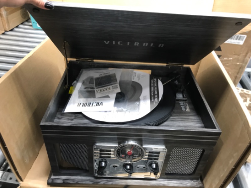 Photo 4 of Victrola Nostalgic 6-in-1 Bluetooth Record Player & Multimedia Center with Built-in Speakers - 3-Speed Turntable, CD & Cassette Player, AM/FM Radio | Wireless Music Streaming | Grey Grey Entertainment Center