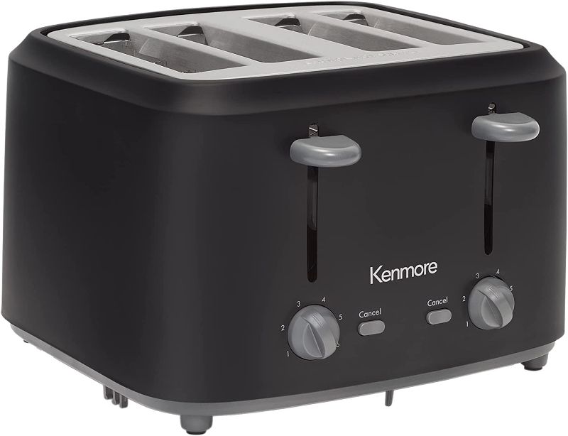 Photo 1 of Kenmore 4-Slice Toaster with Dual Controls, Matte Black and gray, Wide Slots, Self-Adjusting Bread Guides, Adjustable Browning, 6 Shade Settings