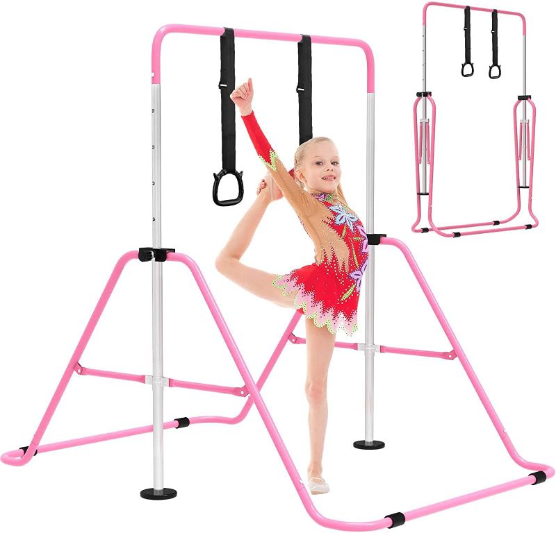 Photo 1 of EVERYMILE Gymnastics Bars, Junior Training Kip Bar Gymnastics Equipment for Home?Adjustable Height Folding Gymnastic Horizontal Bars Monkey Bar with Gymnastics Rings for Kid Gymnasts, Child, Girl, Boy
