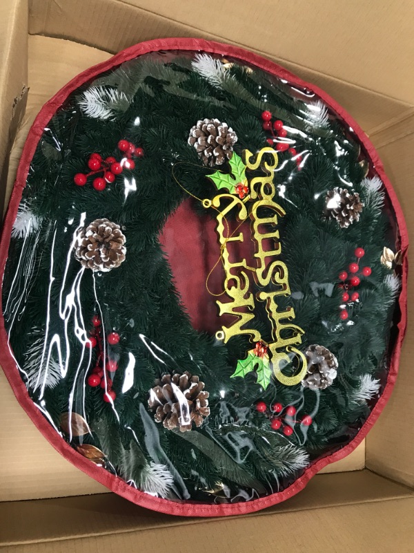 Photo 1 of Christmas Wreath with 60 LED Lights,24 Inch Pre-Lit Artificial Christmas Wreaths for Front Door with PineCones Red Berries Ball Ornaments, Christmas Decorations for Indoor & Outdoor Use 24Inch