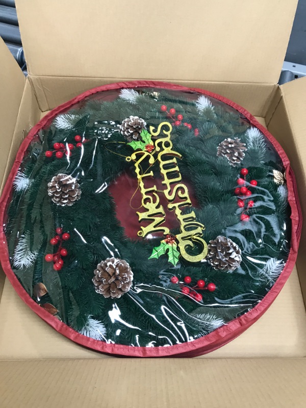 Photo 1 of Christmas Wreath with 60 LED Lights,24 Inch Pre-Lit Artificial Christmas Wreaths for Front Door with PineCones Red Berries Ball Ornaments, Christmas Decorations for Indoor & Outdoor Use 24Inch
