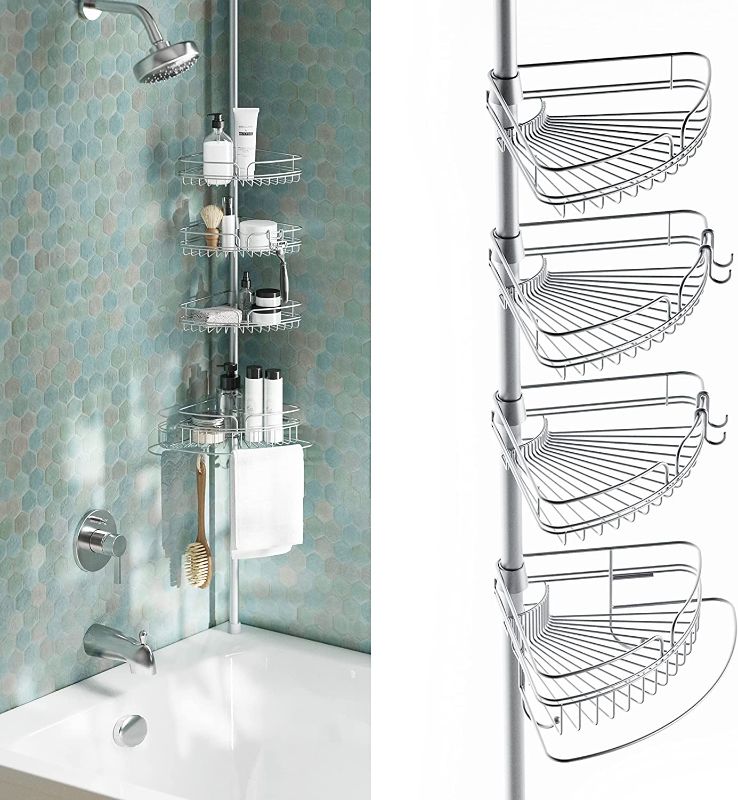 Photo 1 of  Home Rust-Resistant Corner Shower Caddy for Bathroom, 4 Adjustable Shelves with Towel Bar and Hooks, with Tension Pole, for Bath and Shower Storage, 60-97 Inch, Chrome