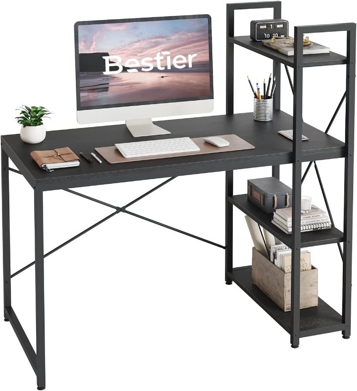 Photo 1 of Bestier Computer Desk with Shelves - 47 Inch Small Space Home Office Desks with Bookshelf for Study Writing and Work - Plenty Leg Room and Easy Assemble, Grained Black
