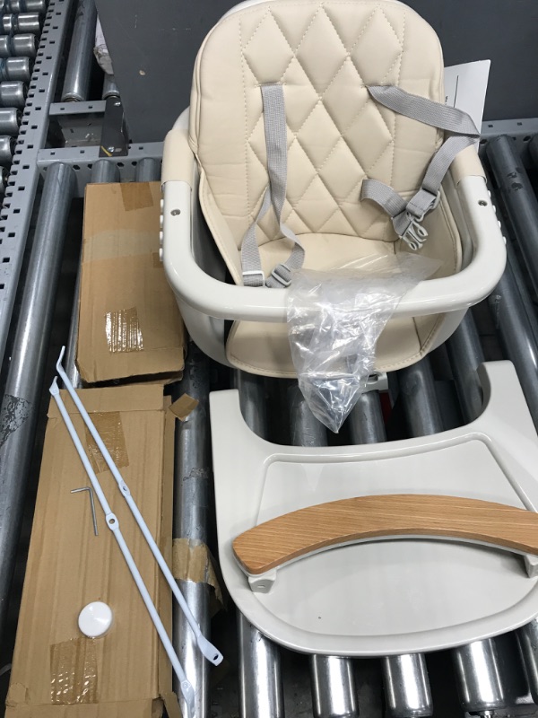 Photo 2 of 3-in-1 Convertible Wooden High Chair,Baby High Chair with Adjustable Legs & Dishwasher Safe Tray, Made of Sleek Hardwood & Premium Leatherette,Cream