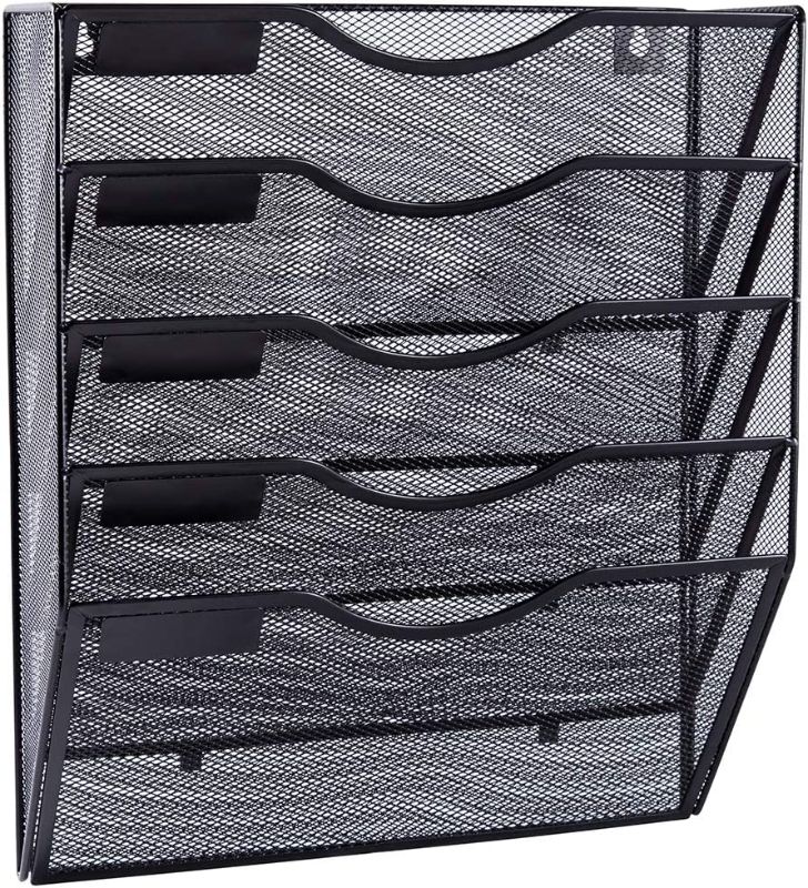 Photo 1 of EASEPRES 5 Pockets Mesh Wall File Holder Organizer Office Hanging Magazine Rack, Black
