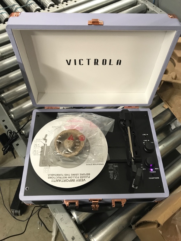 Photo 2 of Victrola Vintage 3-Speed Bluetooth Portable Suitcase Record Player with Built-in Speakers | Upgraded Turntable Audio Sound | Lavender (VSC-550BT-LVG) Lavender/Silver Record Player