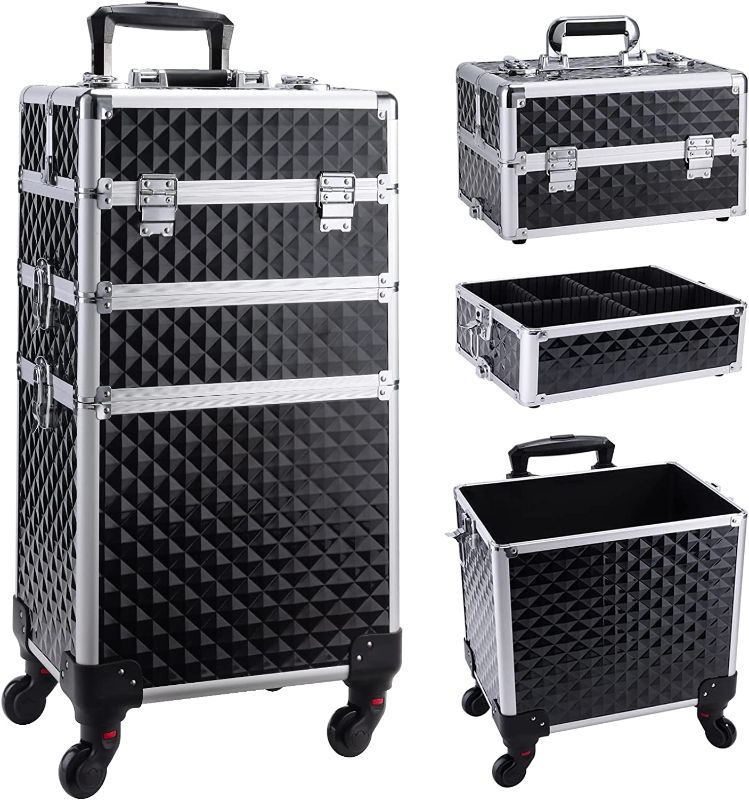 Photo 1 of Frenessa 3 in 1 Rolling Makeup Train Case Professional Cosmetic Trolley Large Storage with Keys Swivel Wheels Salon Barber Case Traveling Cart Trunk for Make Up Hairstylists Nail Tech, Vintage Black
