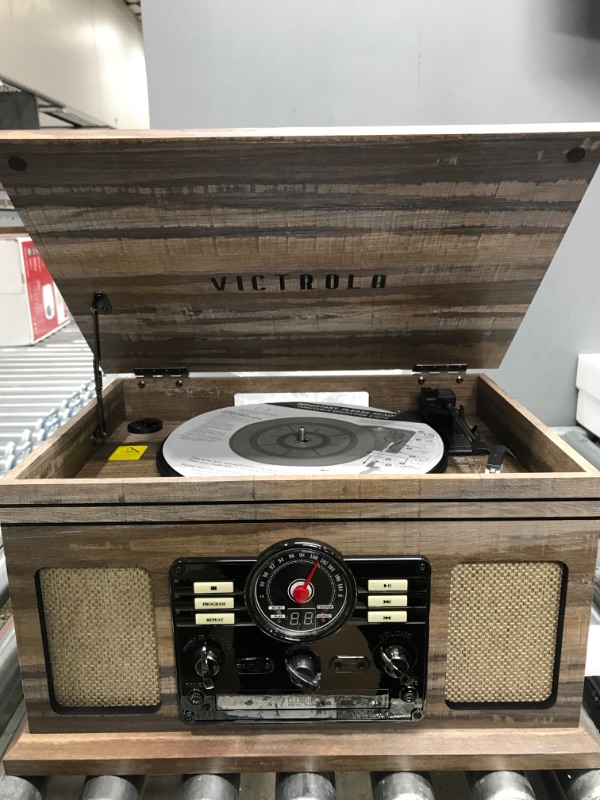 Photo 2 of (no wooden crate) Victrola Nostalgic 6-in-1 Bluetooth Record Player & Multimedia Center & Cassette Player, AM/FM Radio | Wireless Music Streaming | Farmhouse Shiplap Grey & Wooden Record Crate, Wood Color Farmhouse Shiplap Grey Entertainment Center + Reco