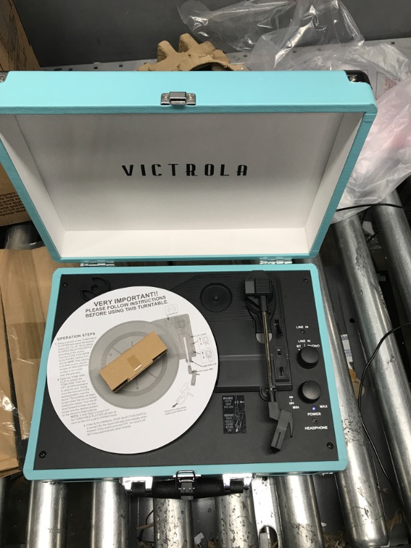 Photo 2 of Victrola Vintage 3-Speed Bluetooth Portable Suitcase Record Player with Built-in Speakers | Upgraded Turntable Audio Sound| Includes Extra Stylus | Turquoise, Model Number: VSC-550BT (Tested) 