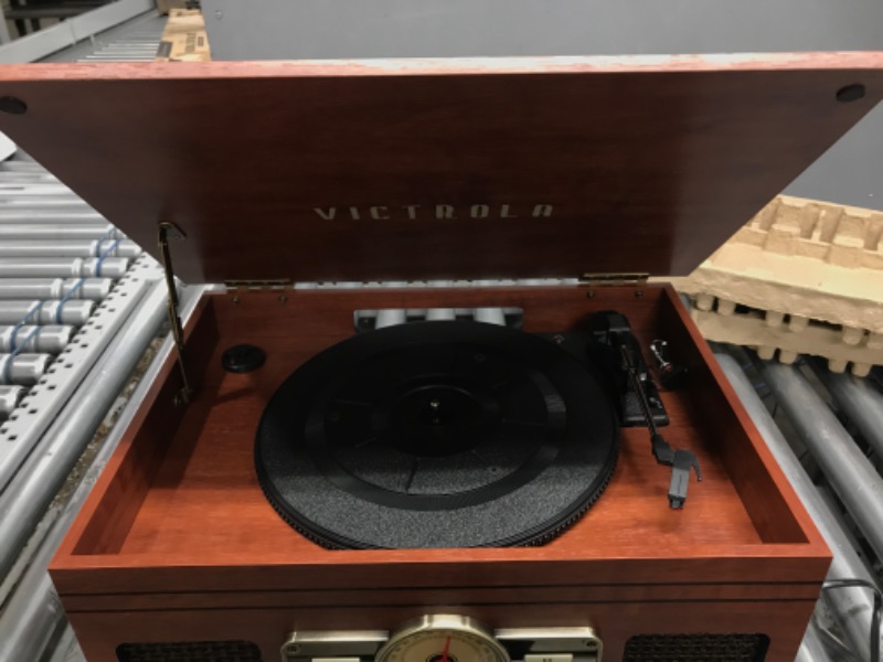 Photo 3 of Victrola Nostalgic 6-in-1 Bluetooth Record Player & Multimedia Center with Built-in Speakers - 3-Speed Turntable, CD & Cassette Player, FM Radio | Wireless Music Streaming | Mahogany Mahogany Entertainment Center (tested)