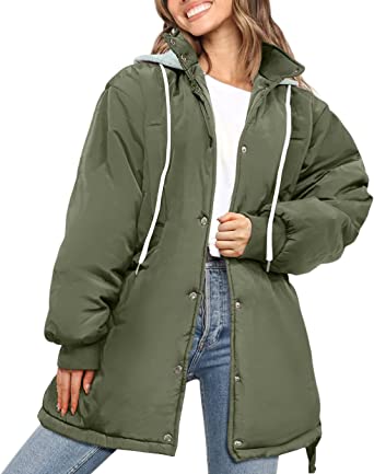 Photo 1 of PRETTYGARDEN Women's 2023 Hooded Puffer Jackets Long Sleeve Button Down Belted Warm Winter Trench Coat Outerwear With Pockets
