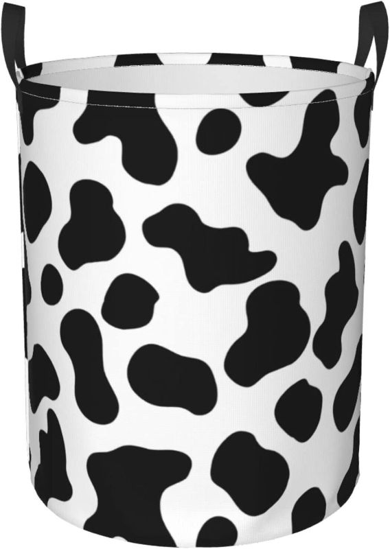 Photo 1 of Cow Print Round Collapsible Laundry Basket,Large Laundry Hamper Toys Clothes Organizer Foldable Storage Bin Storage Basket With Handles For Dorms,Boys Girls Bedroom,Bathroom
