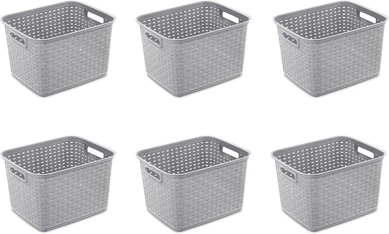 Photo 1 of **READ NOTES** Sterilite 12736A06 Tall Weave Basket, Cement, 6-Pack