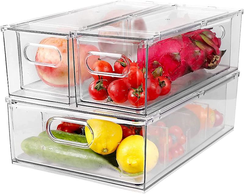 Photo 1 of 3 Pack Refrigerator Organizer Bins with Pull-out Drawer, Large Stackable Fridge Drawer Organizer Set with Handle, BPA-free Drawable Clear Storage Cases for Freezer, Cabinet, Kitchen, Pantry Organization