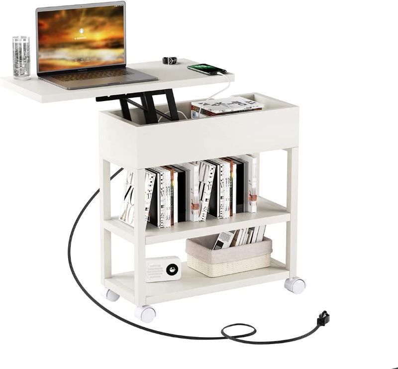 Photo 1 of Lift Top End Table,Side Table with Charging Station,Laptop Desk with USB Ports and Power Outlets,Bedside Table for Small Spaces,Nightstand for Living Room, Bedroom,White
