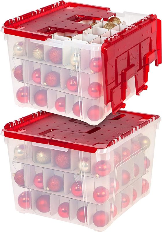 Photo 1 of **READ NOTES** IRIS USA 60 Qt. Ornament Storage Box with Hinged Lid and Dividers, 2-pack, Plastic Organization Container Bin for Holiday Decorations and Accessories with Interlocking Wing Lid, Clear/Red